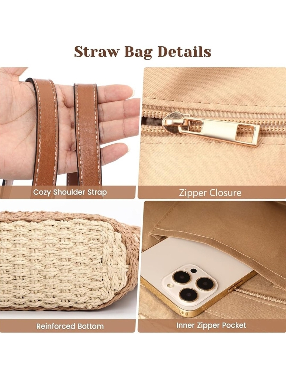 Woven Straw Tote Bag with Brown Leather Handles - Picture 5 of 7